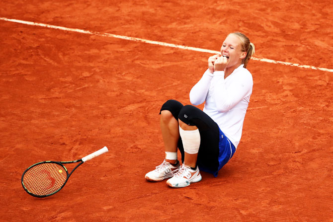 Dutchwoman Kiki Bertens celebrates after defeating Swiss Timea Bacsinszky during their French Open quarter-final on Thursday. Bertens will battle with Serena Williams for a place in the semis.