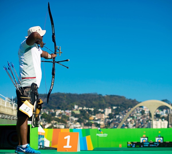 Jayanta Talukdar of India prepares to shoot during the Archery test event for the Rio 2016 Olympic Games