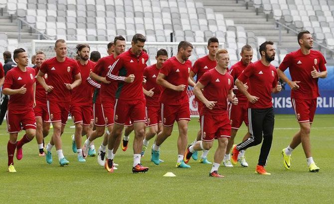 Hungary's players attend a training session in Bordeaux on Monday