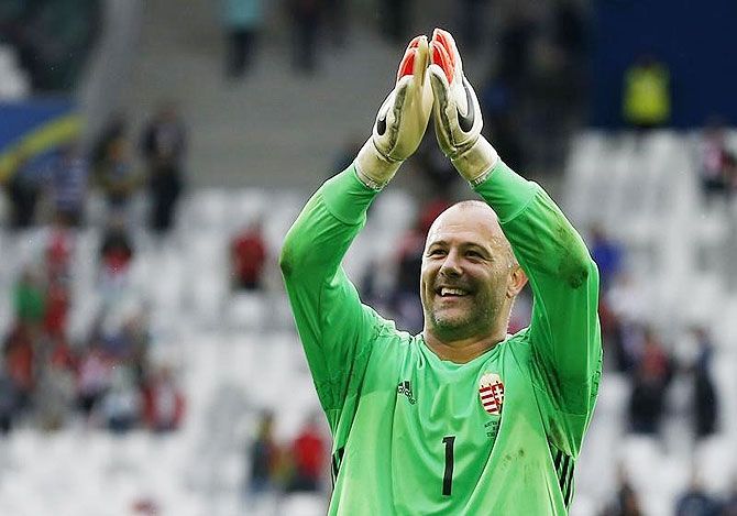 Hungary's Gabor Kiraly celebrates after the game