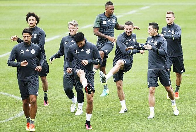 Germany's Leroy Sane, Sami Khedira, Bastian Schweinsteiger, Emre Can, Jerome Boateng, Lukas Podolski, Mesut Ozil and Joshua Kimmich during training