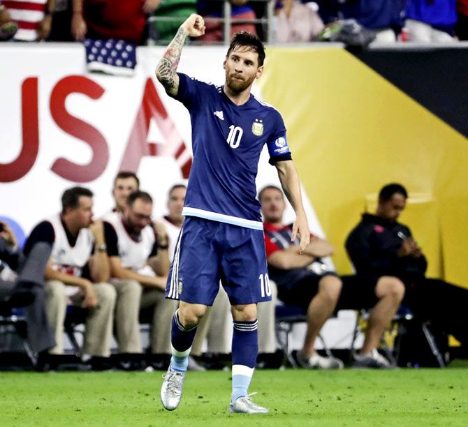 Lionel Messi celebrates after scoring a goal against the United States