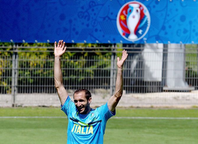 Italy's Giorgio Chiellini reacts during a training session at 'Bernard Gasset' training center in Montpellier