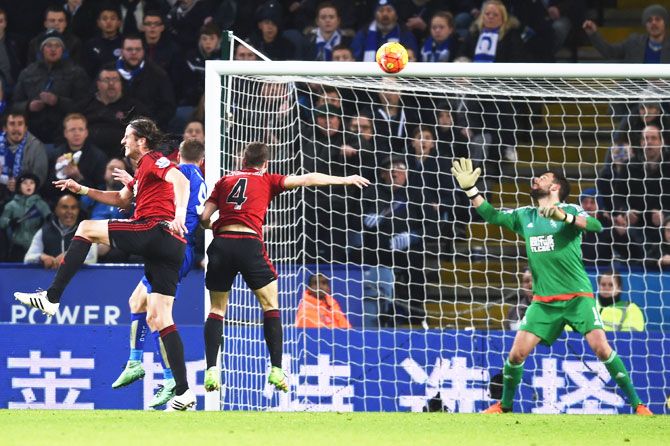 Leicester City's Jamie Vardy's header finds the cross bar during their Barclays English Premier League match against West Bromwich Albion at The King Power Stadium in Leicester on Tuesday