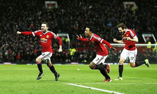 Manchester United's Juan Mata celebrates scoring their first goal against Watford at Old Trafford