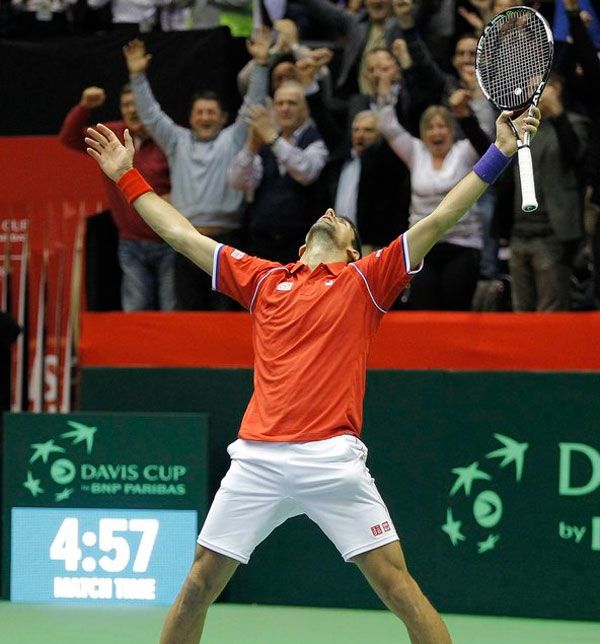 Serbia's Novak Djokovic celebrates his five-set win over Kazakhstan's Mikhail Kukushkin