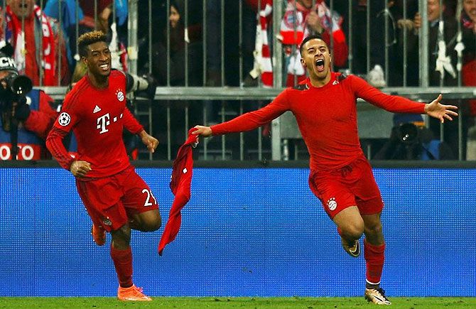 Bayern Munich's Thiago Alcantara (right) celebrates with Kingsley Coman after scoring a goal against Juventus on Wednesday