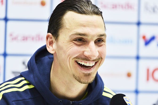 Swedish national soccer player Zlatan Ibrahimovic smiles during a press conference