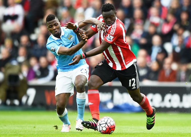 Southampton's Victor Wanyama (right) and Manchester City's Kelechi Iheanacho tussle as they vie for possession during the English Premier League match on Sunday