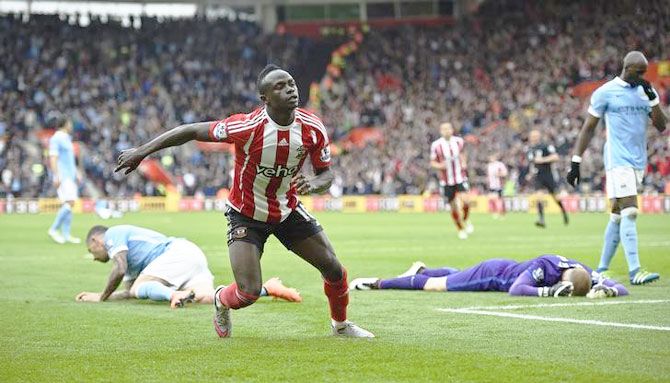 Southampton's Sadio Mane celebrates after completing his hat-trick against Manchester City during their English Premier League match at St Mary's Stadium on Saturday, May 1