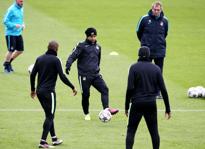 Manchester City's Sergio Aguero in action during a training session on Tuesday