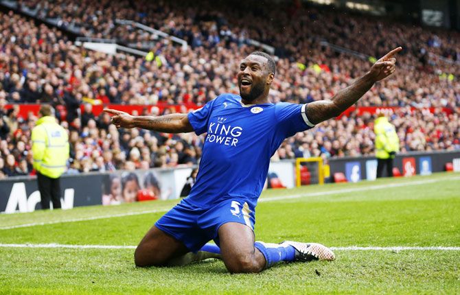 Leicester City captain Wes Morgan celebrates after scoring