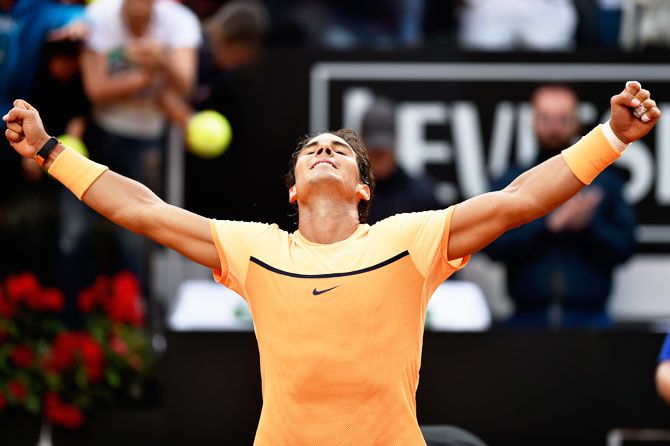 Spain's Rafael Nadal celebrates on winning match point against Australia's Nick Kyrgios