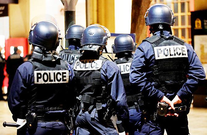 French riot policemen attend a drill at the Marseille railway station, in France in preparation of security measures for the UEFA 2016 European Championship