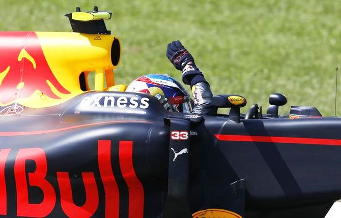 Red Bull F1 driver Max Verstappen of The Netherlands celebrates after winning the Spanish Grand Prix on Sunday