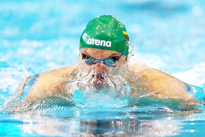 Giedrius Titenis of Lithuania competes in the Men's 100m Breastroke heats on May 16, 2016 in London, England