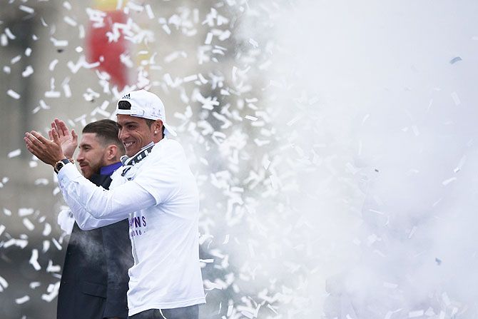 Cristiano Ronaldo (right) and captain Sergio Ramos (left) during the celebrations