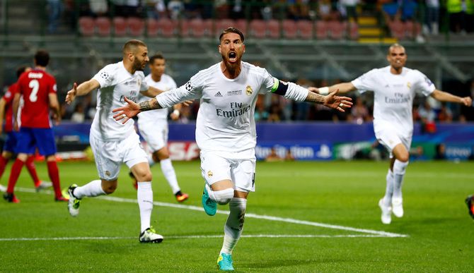 Sergio Ramos celebrates scoring the opening goal