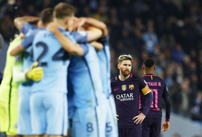 Barcelona's Lionel Messi looks dejected after the Champions League game against Manchester City at Etihad Stadium on Tuesday