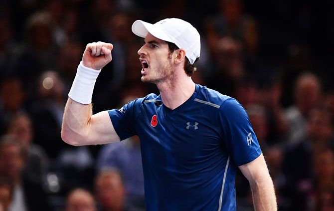 Great Britain's Andy Murray reacts during his second round match against Spain's Fernando Verdasco at the Paris Masters at Palais Omnisports de Bercy on Wednesday