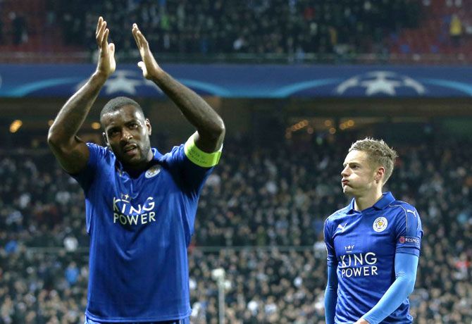 Leicester City's Wes Morgan applauds their fans with Jamie Vardy after their Champions League Group G match against FC Copenhagen at Parken Stadion, Copenhagen, Denmark, on Wednesday