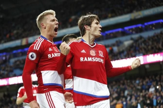 Middlesbrough's Marten de Roon celebrates with teammates after scoring against Manchester City at Etihad Stadium on Saturday