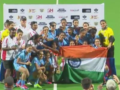 The victorious Indian women's hockey celebrate their Asian Champions Trophy triumph on Saturday