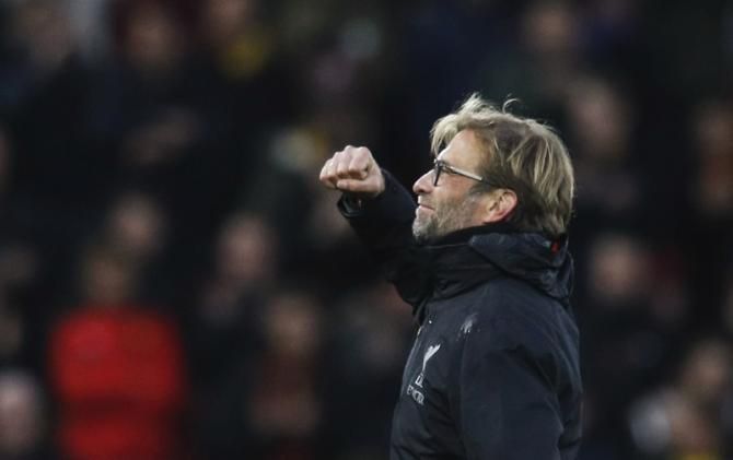 Liverpool manager Juergen Klopp celebrates after his team's victory on Sunday