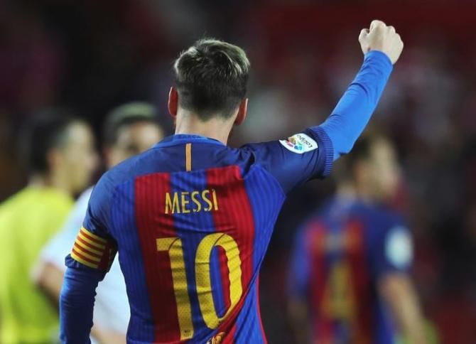 FC Barcelona's Lionel Messi celebrates his goal against Sevilla on Sunday