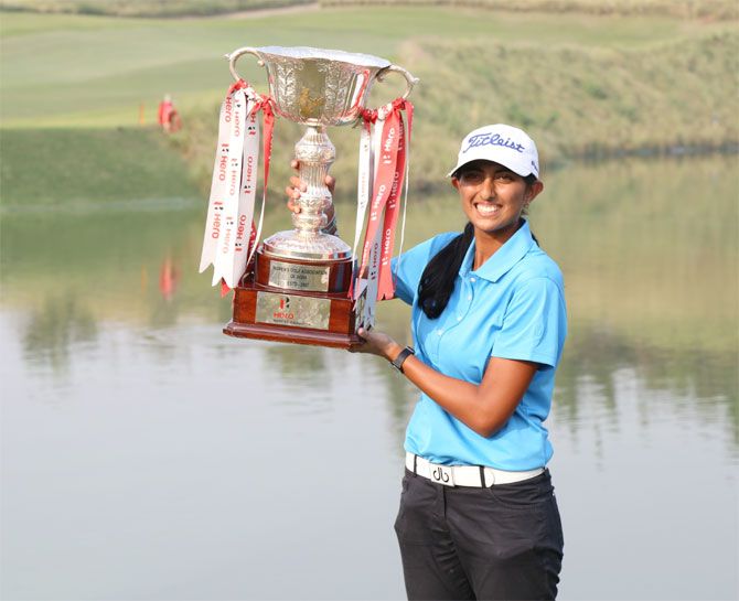 Aditi Ashok with the Indian Open trophy in Gurgaon on Sunday