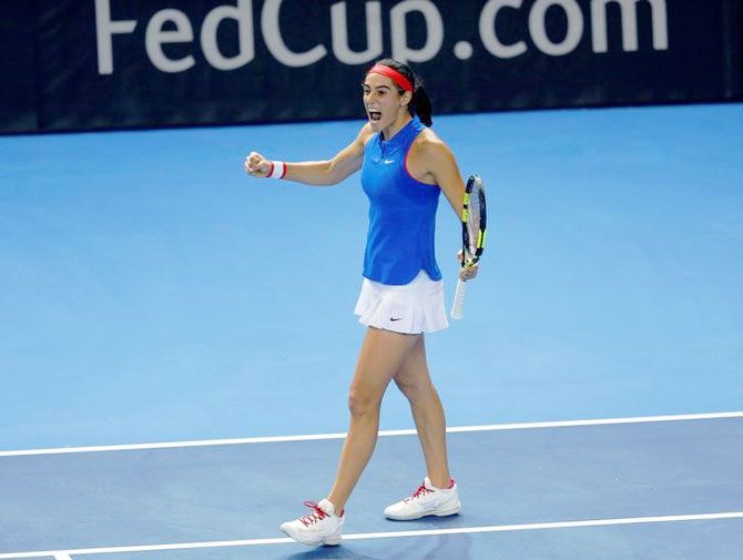France's Caroline Garcia celebrates her victory against Czech Republic's Petra Kvitova on Saturday