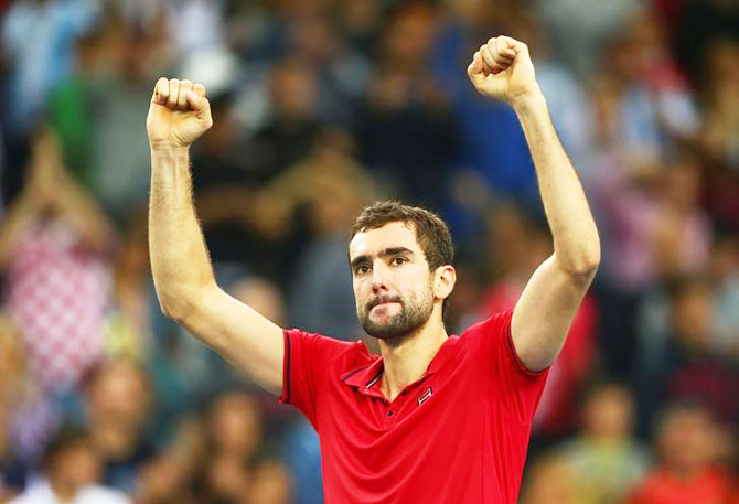 Croatia's Marin Cilic reacts after winning his match against Argentina's Federico Delbonis in their Davis Cup final tie at Arena Zagreb in Croatia on Friday