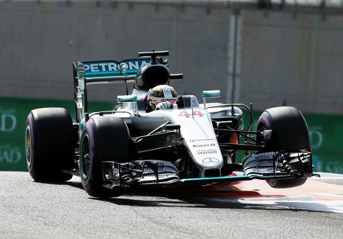 Mercedes' Formula One driver Lewis Hamilton of Britain drives during the first free practice of the Abu Dhabi Grand Prix at the Yas Marina Circuit, in Abu Dhabi on Friday