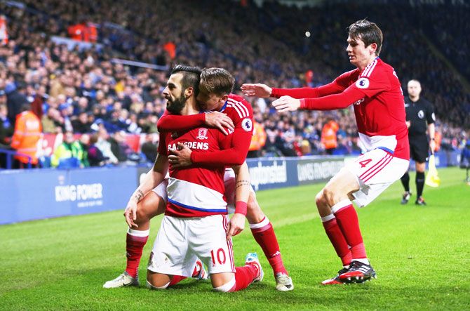 Middlesbrough's Alvaro Negredo celebrates after scoring their second goal against Leicester City during their Premier League match at The King Power Stadium in Leicester on Saturday