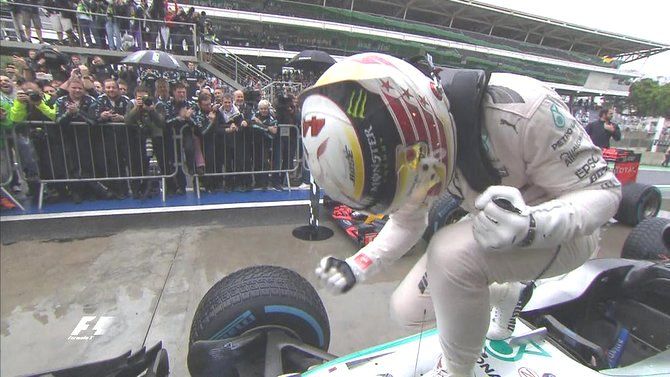 Mercedes' Lewis Hamilton celebrates his Brazilian GP victory at Interlagos Citcuit in Soa Paulo on Sunday
