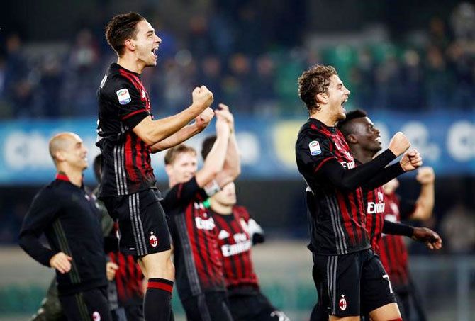 AC Milan's players celebrates their win against Chievo Verona at Bentegodi stadium, Verona on Sunday
