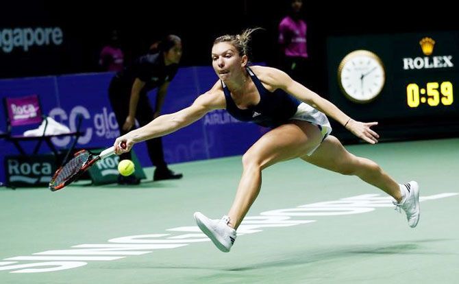 Romanian Simona Halep in action against USA's Madison Keys 
