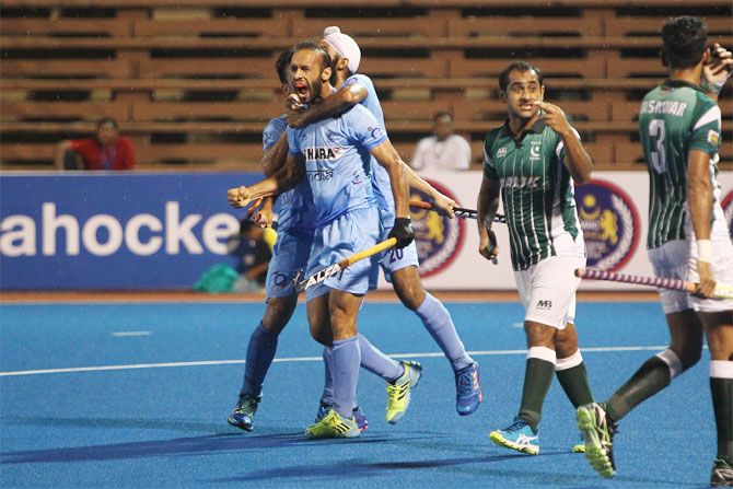 Ramandeep Singh celebrates on scoring the winner against Pakistan during their Asian Champions Trophy match in Malaysia on Sunday