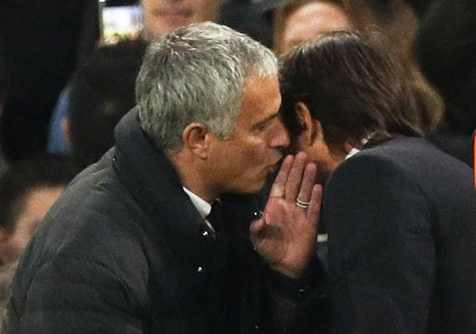 Manchester United manager Jose Mourinho and Chelsea manager Antonio Conte at the end of the EPL match at Stamford Bridge on Sunday