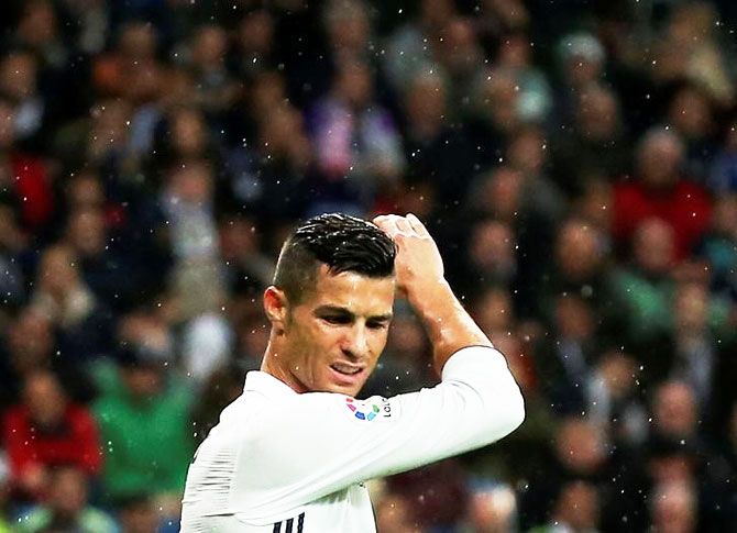 Real Madrid's Cristiano Ronaldo reacts during the match against Athletic Bilbao during their La Liga match at Santiago Bernabeu stadium in Madrid on Sunday