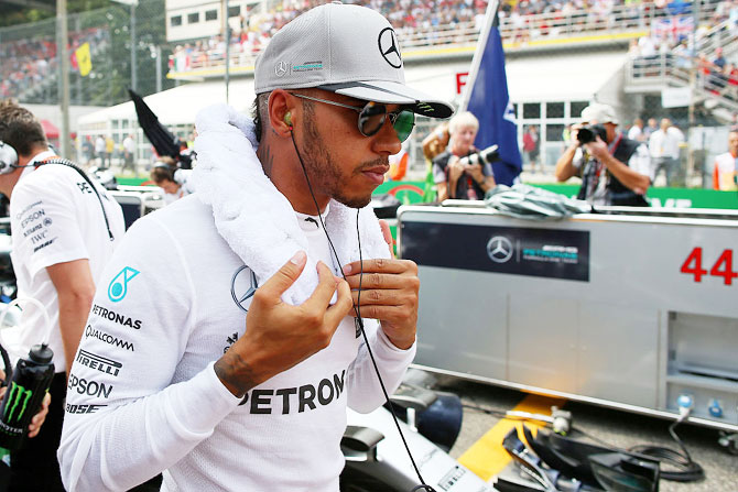 Mercedes GP's Lewis Hamilton on the grid during the Formula One Grand Prix of Italy at Autodromo di Monza in Monza, Italy, on Sunday