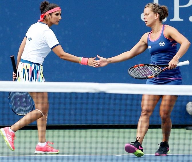 India’s Sania Mirza, left, and her Czech Republic partner Barbora Strycova