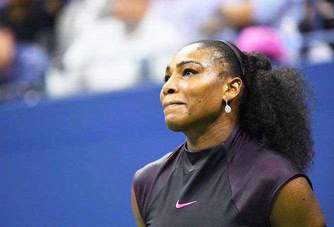 Serena Williams reacts during her match against Karolina Pliskova during her US Open semi-final on Friday