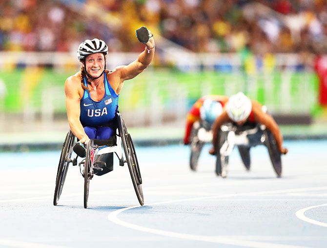 Tatyana McFadden of the United States wins the women's 400 meter T54 final at Olympic Stadium on Sunday, September 11