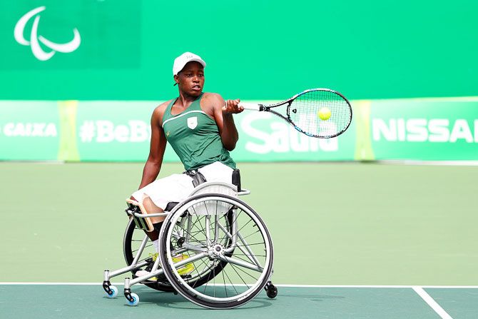 Kgothatso Montjane of South Africa competes in the wheelchair tennis on court 6 on Saturay, September 10