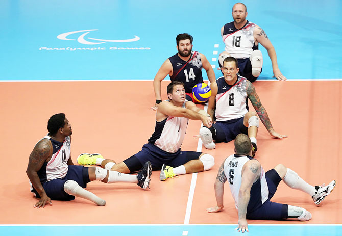 Eric Duda of the USA in action during the Sitting Volleyball match between USA and Germany at the Riocentro Pavilion 6 on Sunday, September 11