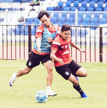 Udanta Singh takes on Nishu Kumar during a practice session on Monday