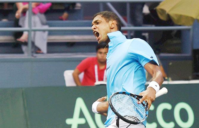 India's Ramkumar Ramanathan celebrates a point against Feliciano Lopez