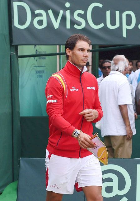 Spanish tennis player Rafael Nadal arrives for the opening ceremony of the Davis Cup World Group Play-off tie against India, in New Delhi on Friday