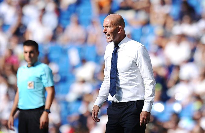 Real Madrid manager Zinedine Zidane shouts instructions during a La Liga match
